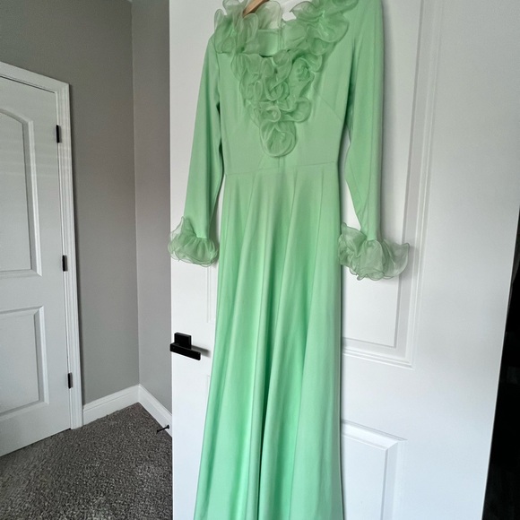Vintage mint green dramatic chiffon ruffle maxi dress evening cocktail - Picture 8 of 8